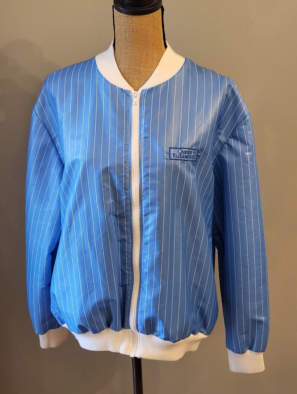 Pierre Cardin QE2 Vintage 80s Blue Pinstriped Zippered Windbreaker Medium